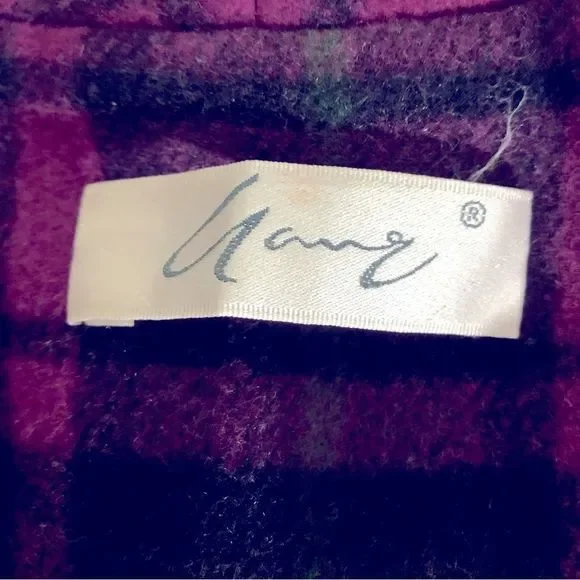 Vintage 90s Emily in Paris style dark magenta plaid pea coat sz XL - Picture 4 of 9